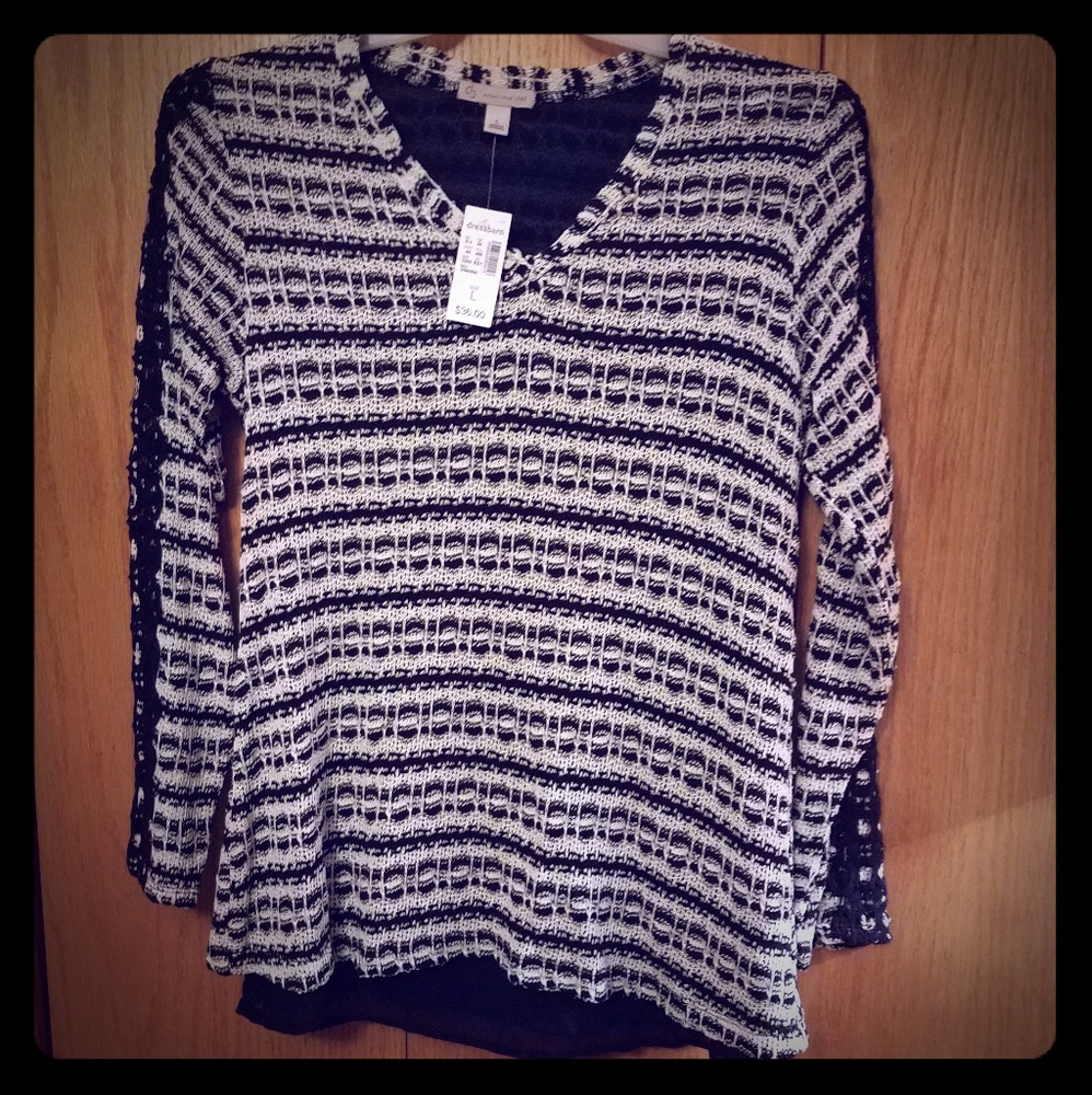 Navy and white sweater with navy sheer liner